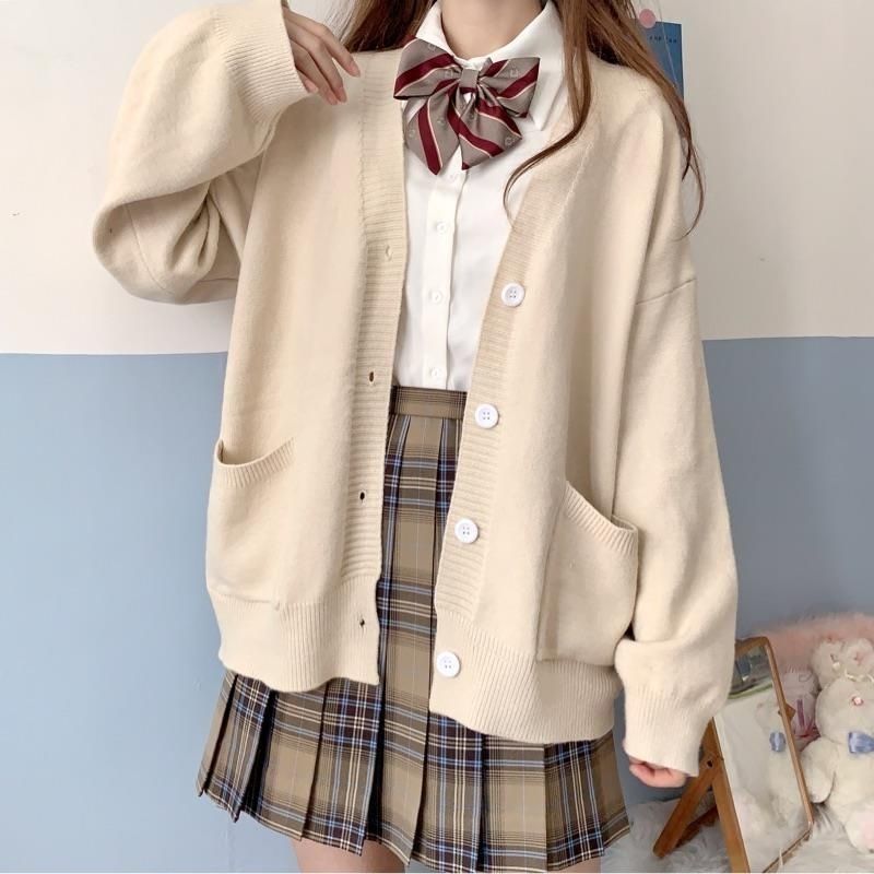 Knitted Cardigan Coat Student Loose Fitting Long Sleeved Sweater Women 2023 Spring Autumn New Vest College Cute Thin V-neck Tops