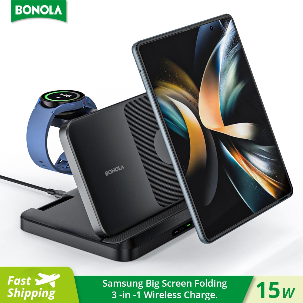 Bonola Foldable Wireless Charger 3 in 1 Station for Samsung Z Fold 3/Z Flip4 Qi Fast Wireless Charging for Galaxy Watch/EarBuds