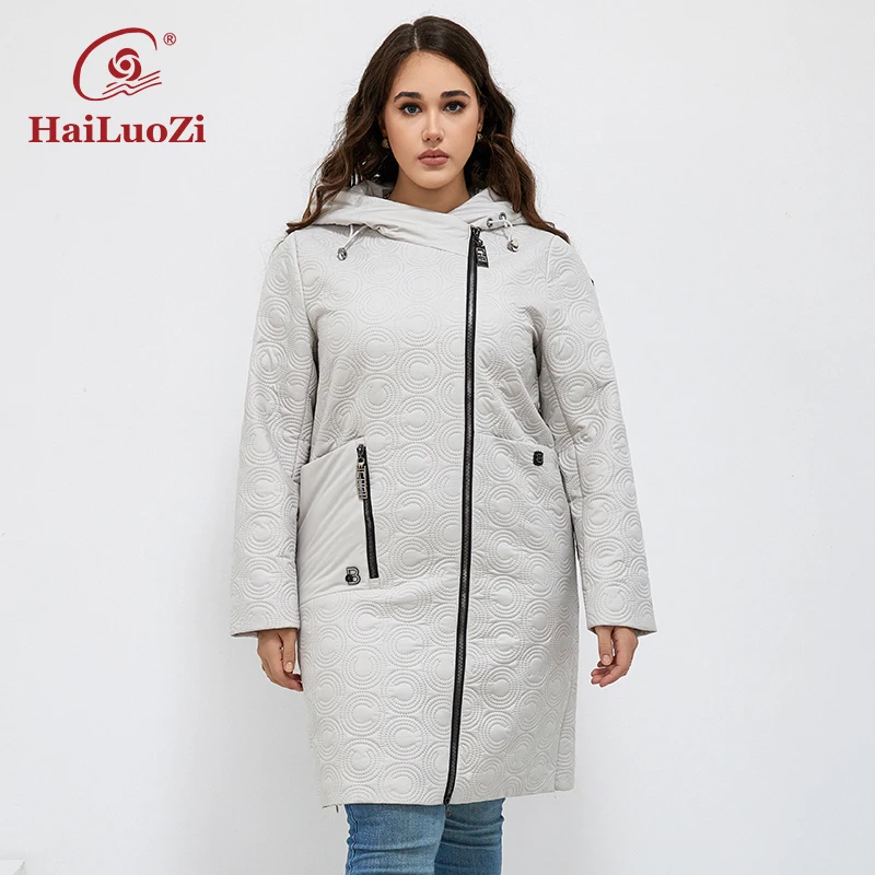 HaiLuoZi 2023 Autumn Women Jackets Plus Size Long Hooded Quilted Light weight Big pockets Bio-cotton Stylish Women's coat 5