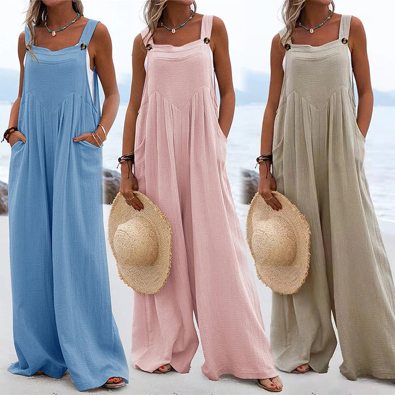 2023 Spring/summer New Ethnic Style Fashion Solid Color Wide Leg Jumpsuit Women's Strap Wide Leg Pants