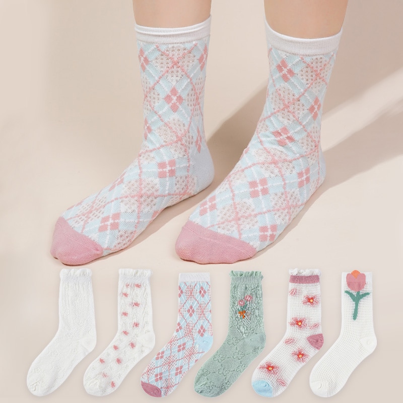 Flower Socks Womens Middle Tube Mesh Socks Ins Tide Summer Thin Cotton Bottom Japanese Korean Cute College Style Hollow Socks