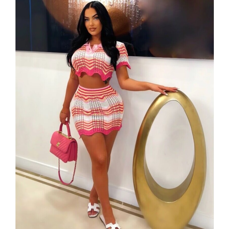 Knitted Color Patchwork Casual Two Piece Set Women Turn Down Collar Short Sleeve Crop Top Elastic High Waist Hip Wrapped Skirts