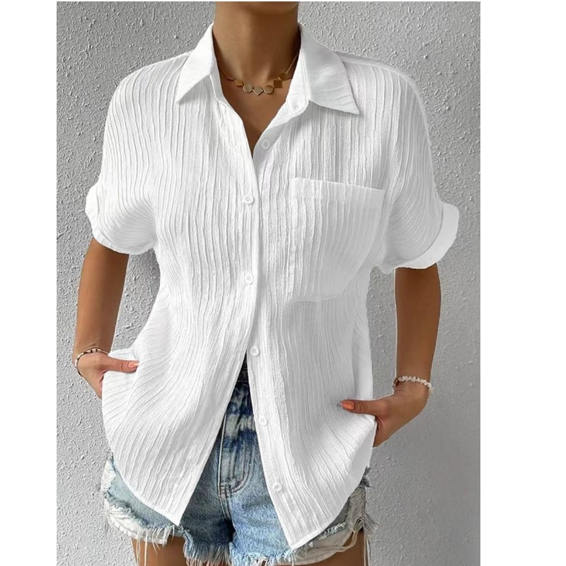 2023 Summer Short-sleeved Shirt Commuter Top Women's Fashion Harajuku Office Ladies Blouse Casual Pocket Solid Vintage T Sh