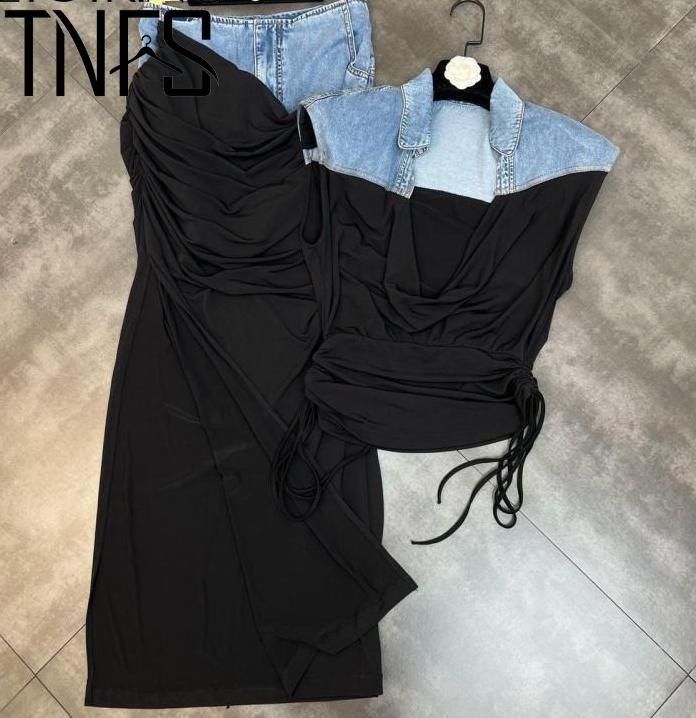 TNFS Women Dresses Sets Deep V Neck Sleeveless Drawstring Denim Stitched Vest High Waist Split Long Skirt Two Piece Sets