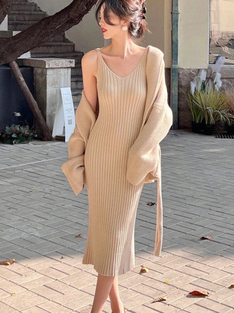2023 winter korean fashion Women cardigan dress Sweater Casual 2 piece sets women outfit jerseys knitwears pullovers conjuntos