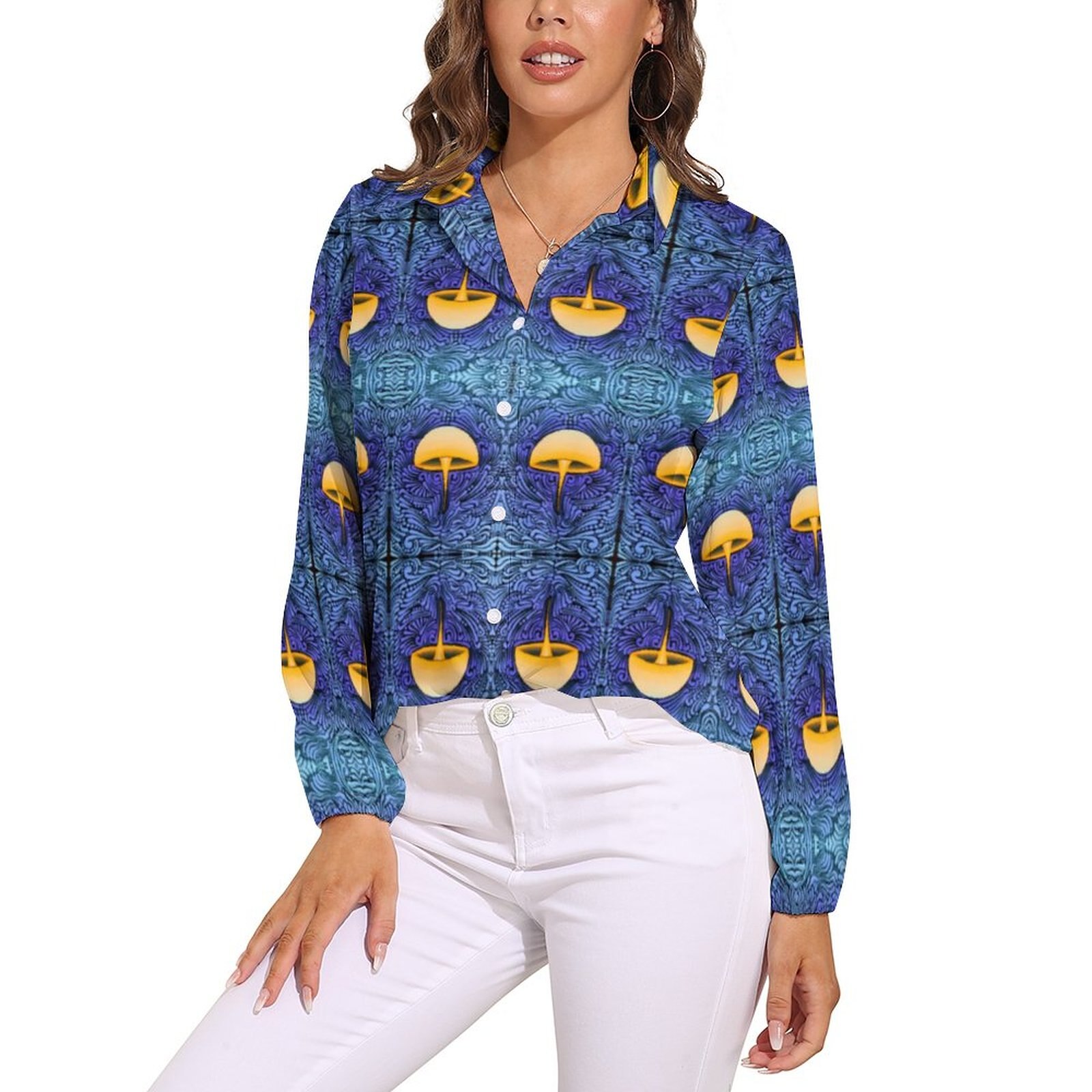 Magic Mushroom Loose Blouse Vintage Print Street Style Oversized Blouses Long-Sleeve Office Work Shirt Summer Design Clothes