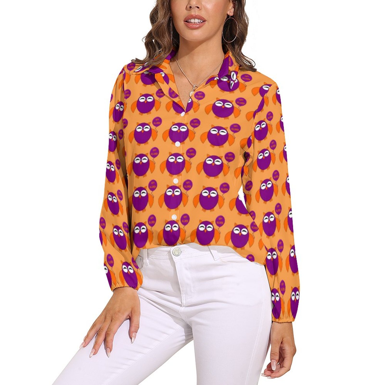 Owl Print Blouse Woman Happy Halloween Party Casual Loose Blouses Long-Sleeve Pretty Shirt Custom Top Big Size 2XL 3XL