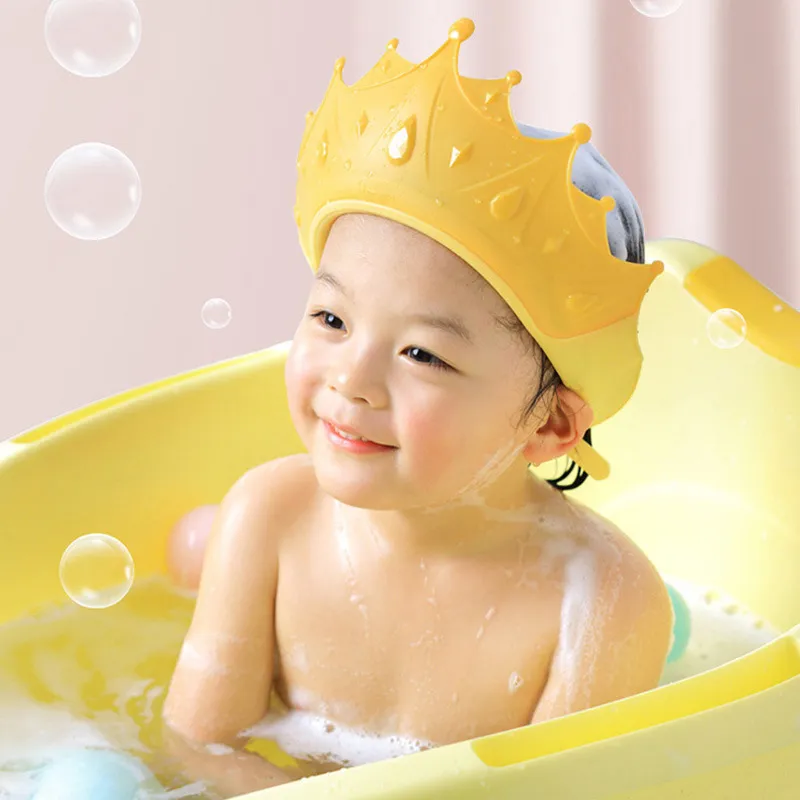 Adjustable Size Children Shampoo Cap Crown Baby Shower Cap Cartoon Bath Visor Infant Hair Shield Ear Protection Waterproof