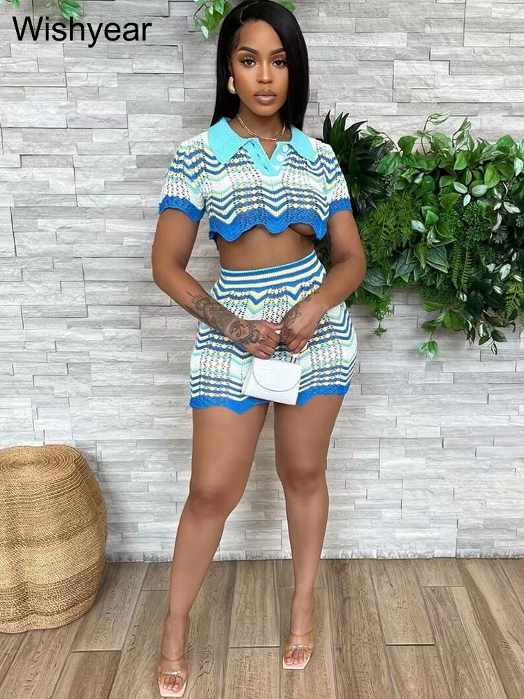 Wishyear Sexy Striped Colorful Knitted Crochet Two Piece Set Women Summer Co Ord Skirts and Top Holiday Beach Party Rave Outfit