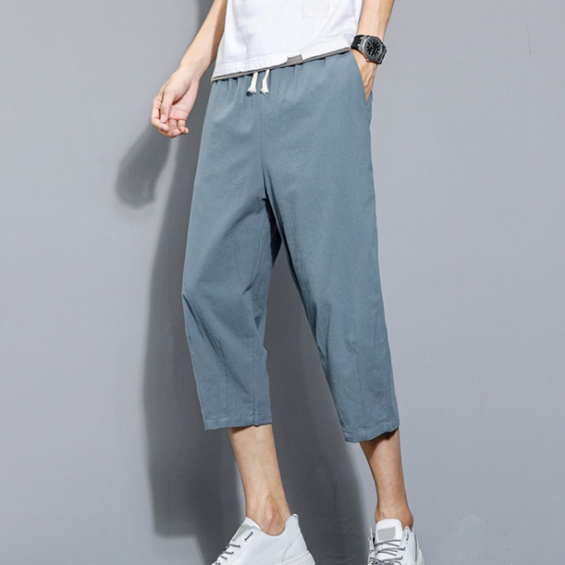 2023 Summer New Chinoiserie Simple Cotton Hemp Capris Japanese Large Loose Thin Men's Linen Casual Pants