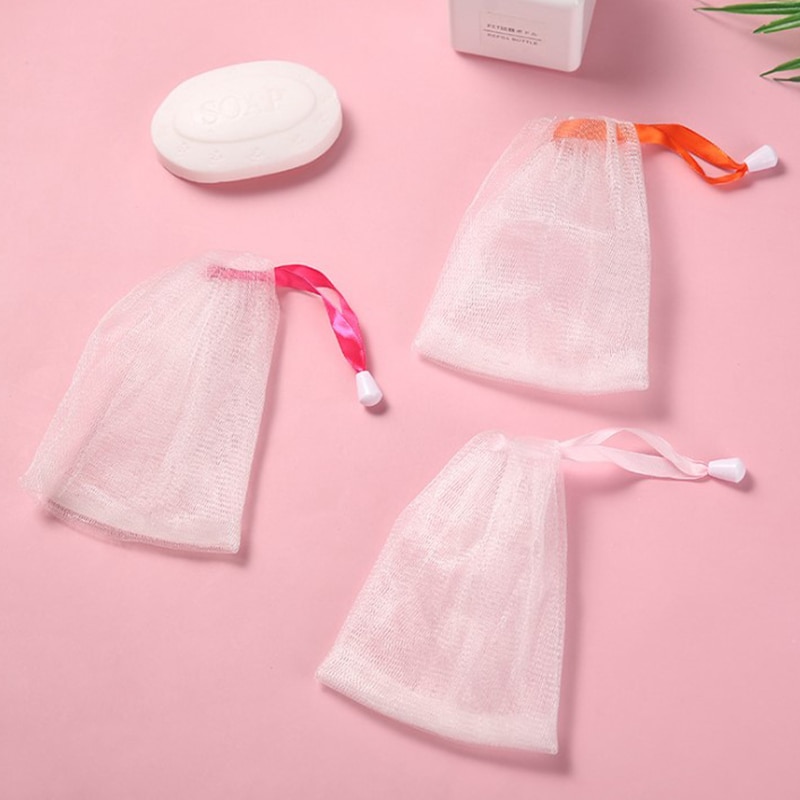 1PC Facial Cleanser Soap Mesh Bags Foaming Mesh Soap Body Wash Foaming Mesh Bag Drawstring Bags Household Cleaning Supplies