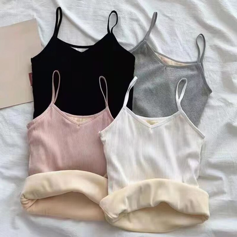 Winter Velvet Padded Vest Women Solid Color Slim Spaghetti Thermal Underwear Camisole Warm Sling Vest Top