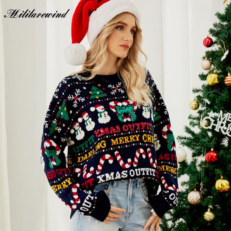 Christmas Tree Sweaters Crew Neck Woman Knitted Pullovers Vintage Loose autumn winter Festival Long Sleeve Tops Female Jumpers