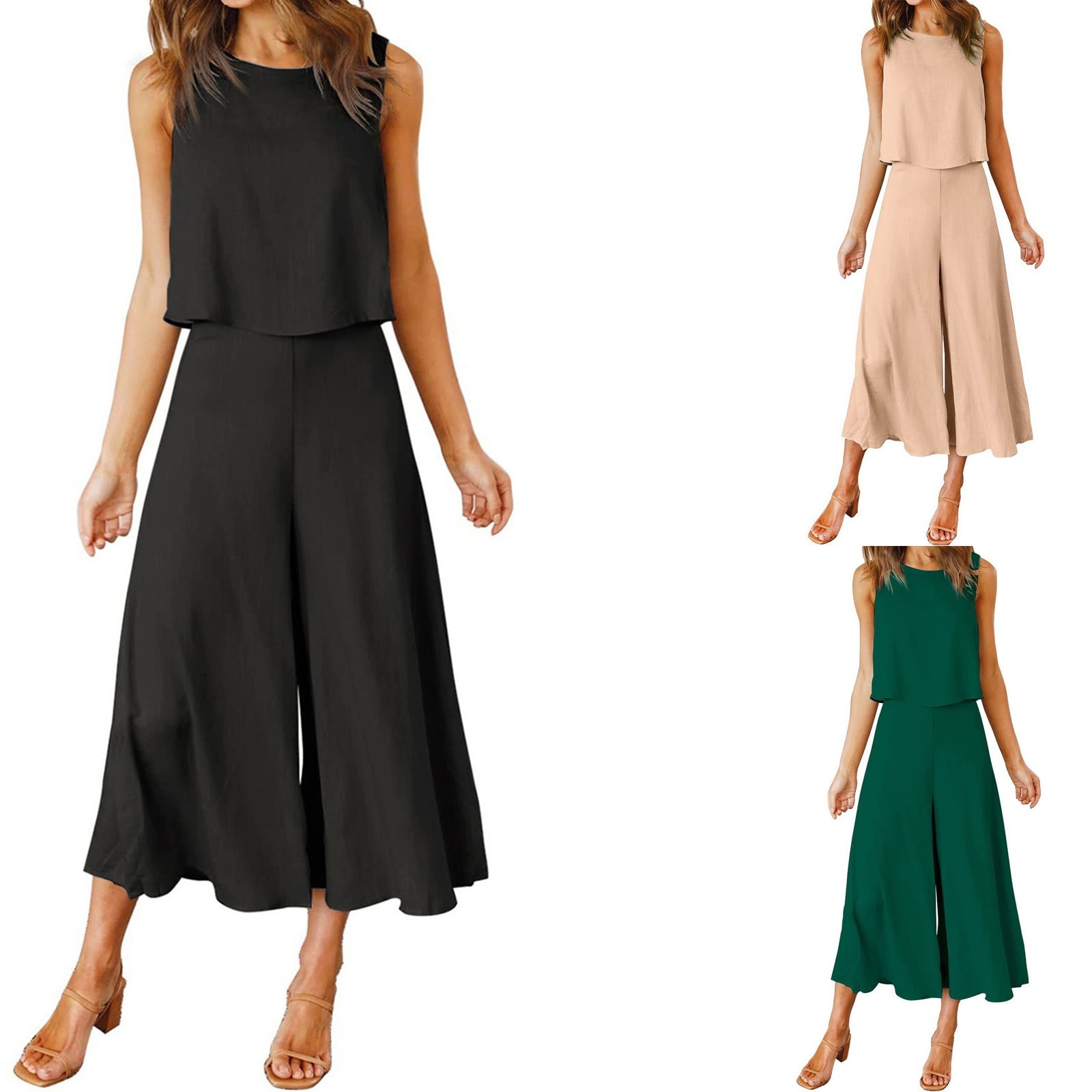 2 Piece Solid Color Loose Fit Jumpsuits Outfits Women Sleeveless Button Back Office Crop Top And Wide Leg Pant Set With Pockets