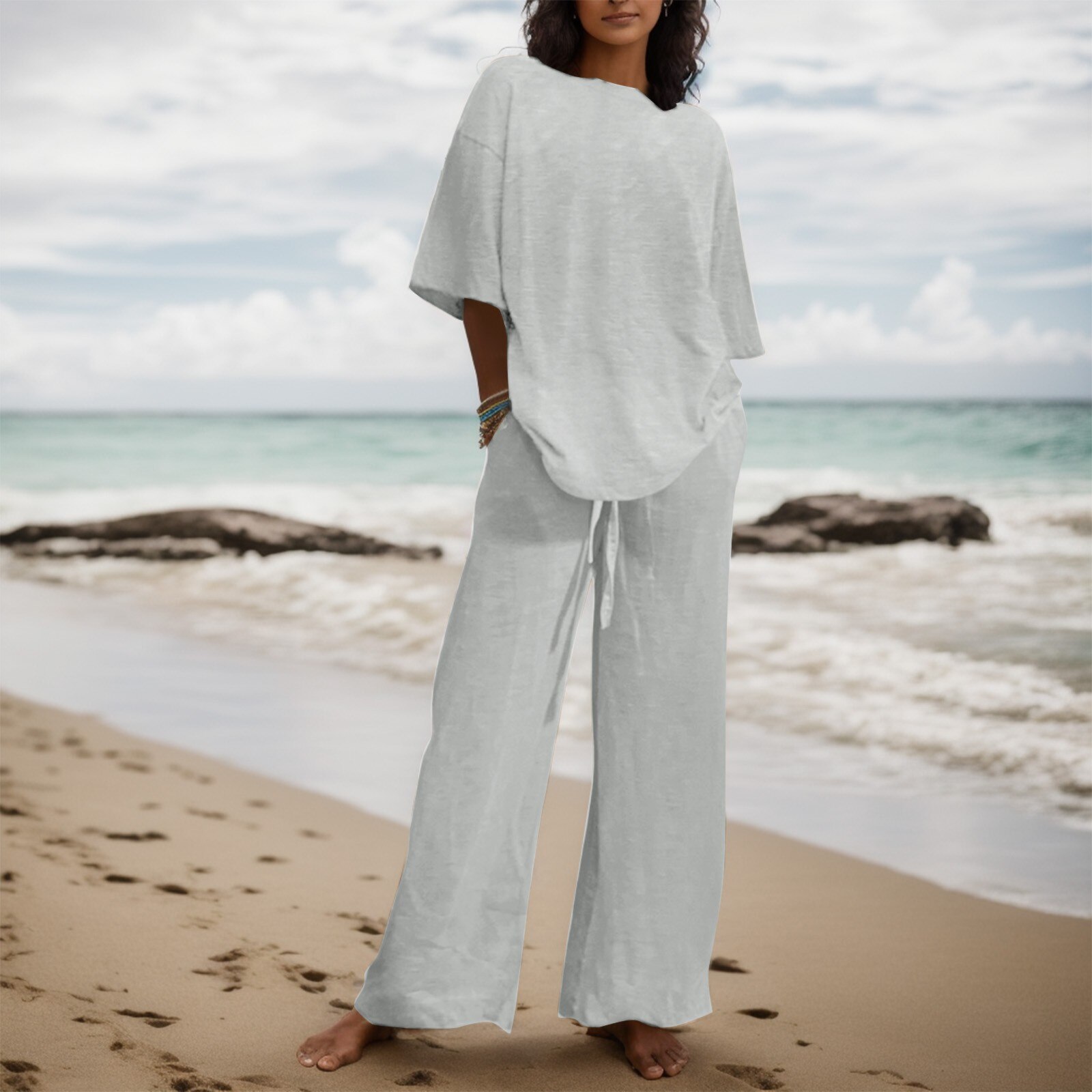 Casual Suits For Women Fashion 2023 Summer New Women's Solid Color Half Sleeve Tops Loose Wide Leg Pants Women Suits Office