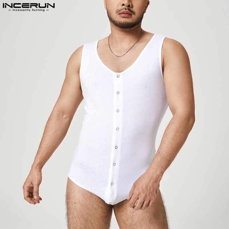 Men Bodysuits Solid Color Pajamas V Neck Sleeveless Button 2023 Sexy Rompers Fitness Black White Cozy Men Bodysuit S-5XL INCERUN