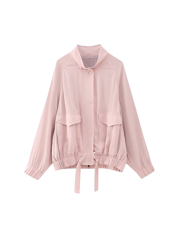 Chic Women Solid Flying Jacket Coat 2023 New Summer Vintage Pocket Decoration Female Half High Collar Long Sleeve Loose Top