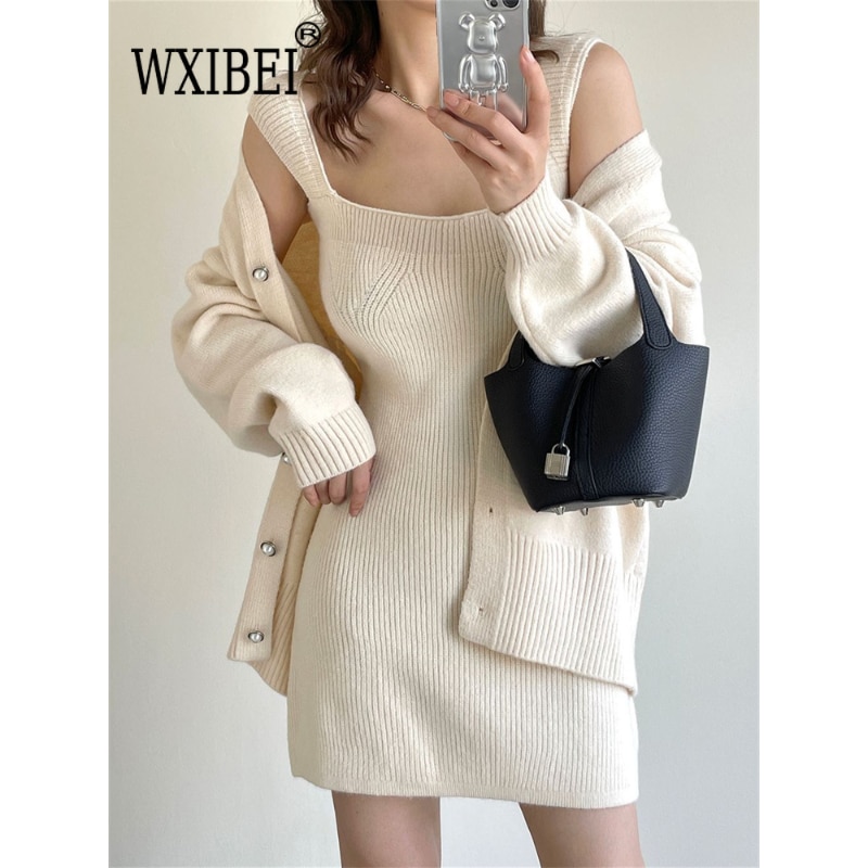 WXIBEI Knitted Two Piece Set Womens Outifits 2023 New Fashion V-neck Single Breasted Cardigan Casual Camis Mini Dress Sets FC748
