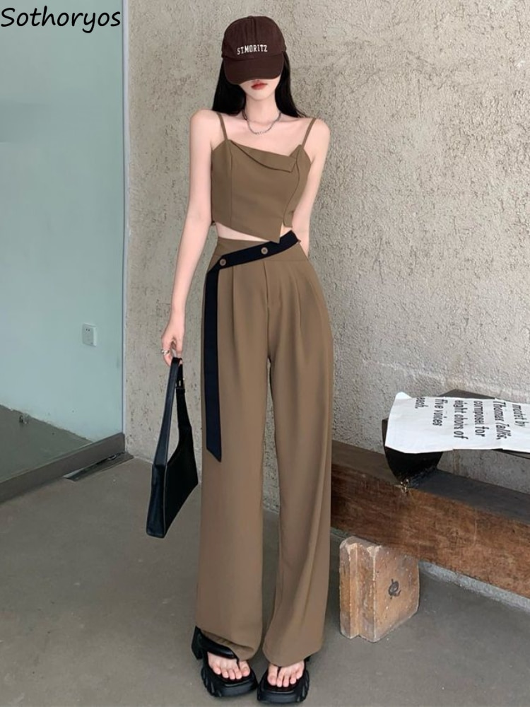 Two Piece Sets Women Outfits Summer Hotsweet Backless Camisoles Graceful High Waist Trendy Wide Leg Pants Korean Style Female