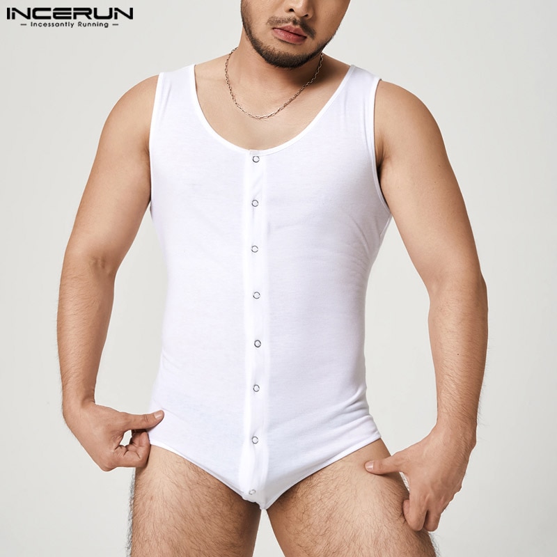 Fashionable Homewear Bodysuit INCERUN New Men's Casual Simple Solid Color Rompers All-match Loungewear Sleeveless Bodysuit 