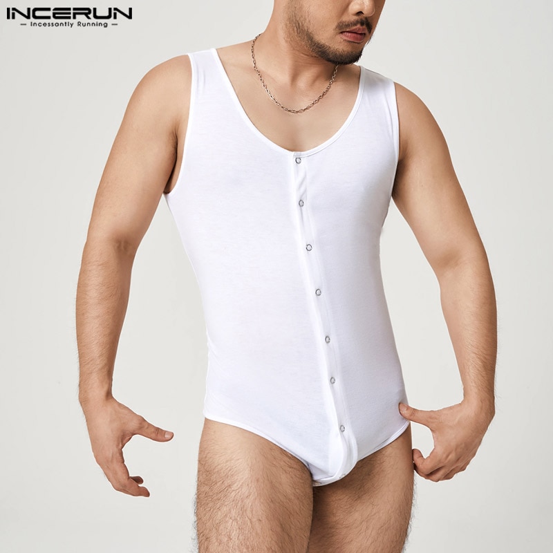 Men Bodysuits Solid Color Pajamas V Neck Sleeveless Button 2023 Sexy Rompers Fitness Black White Cozy Men Bodysuit S-5XL INCERUN