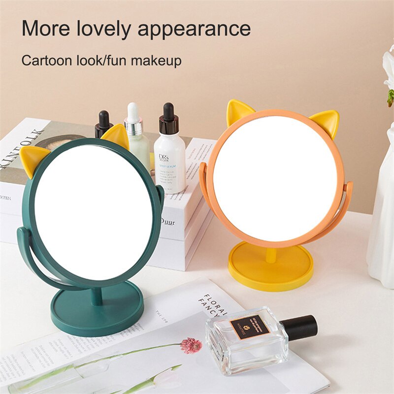 Round Vanity Mirror With Cute Ear Shape 360 Degrees Rotation Suit For Bedroom