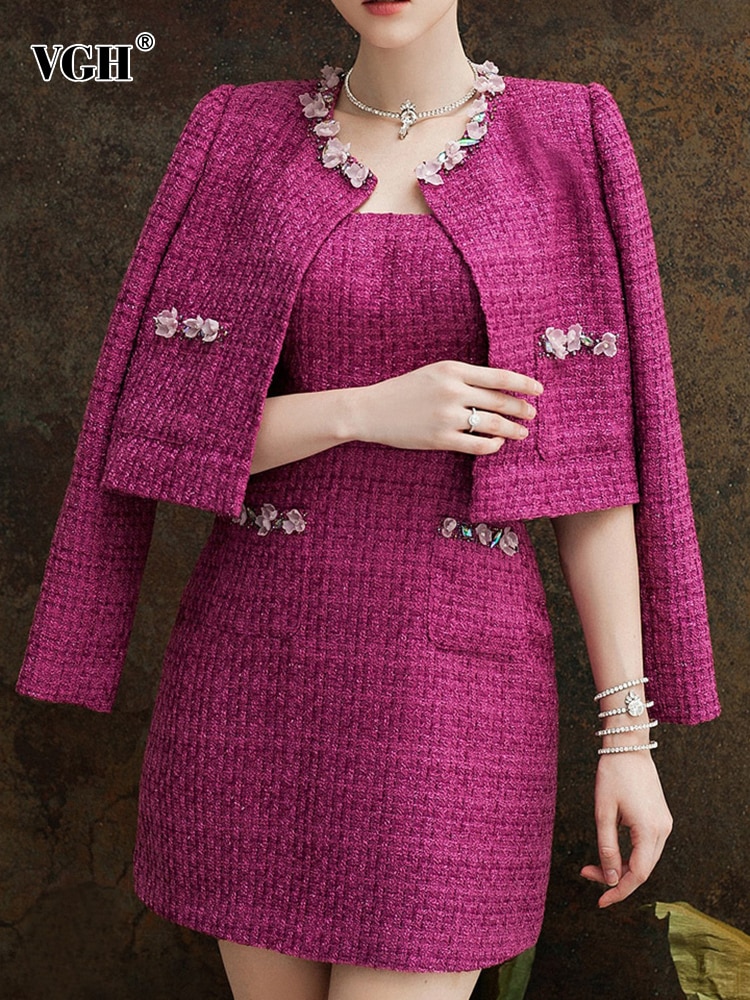 VGH tweed elegant two piece sets for women camisole sleeveless mini dresses round spliced florals coats solid set female 2023