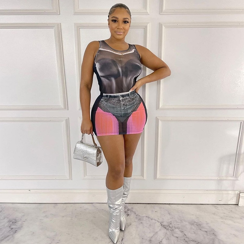 3D Print Mesh Body Shaping Two Piece Set Women O Neck Sleeveless Tank Tops High Waist Hip Wrapped Mini Skirts Club Streetwear
