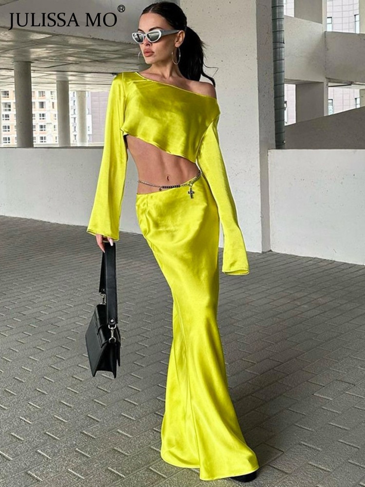 JULISSA MO SUMMER Elegant Off Shoulder Longsleeve Crop Top And Slim Long Skirt Two Piece Set Women Luxury Party Night Outfits
