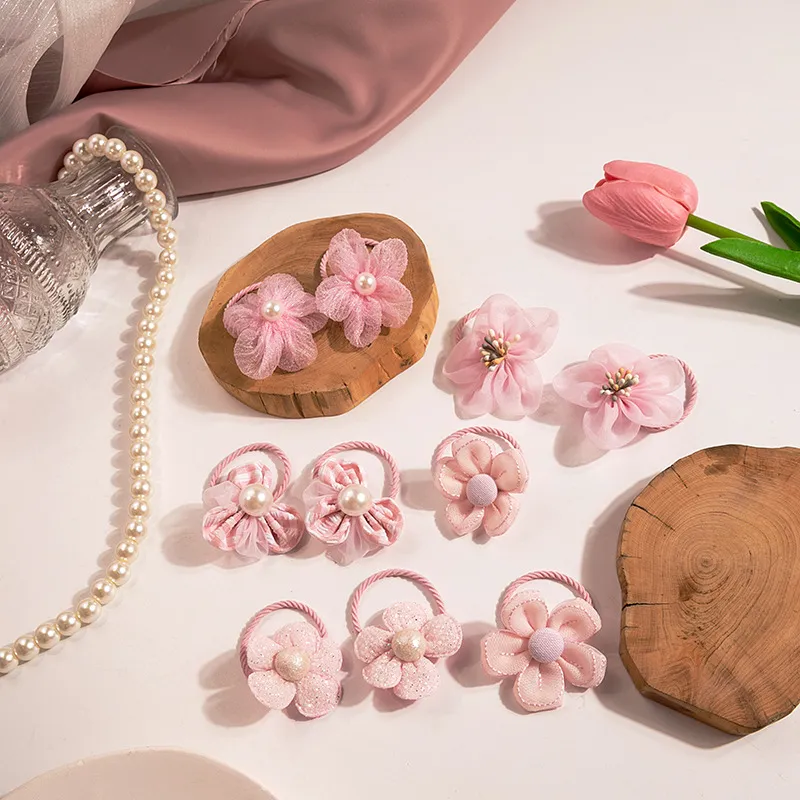 10pc/bag Mini Kid Girl Hair Band Pink Color Baby Girl Hair Rope Mesh Floral Pearl Lovely Headwear for Toddler Hair Accessories