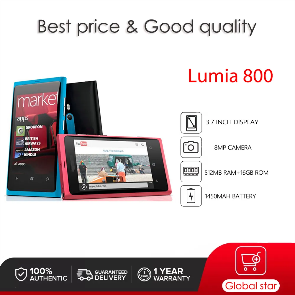 Original Lumia 800 3G 8MP 16GB Camera Bluetooth FM radio WIFI Snapdragon S2 CellPhone Made in Finland Unlocked