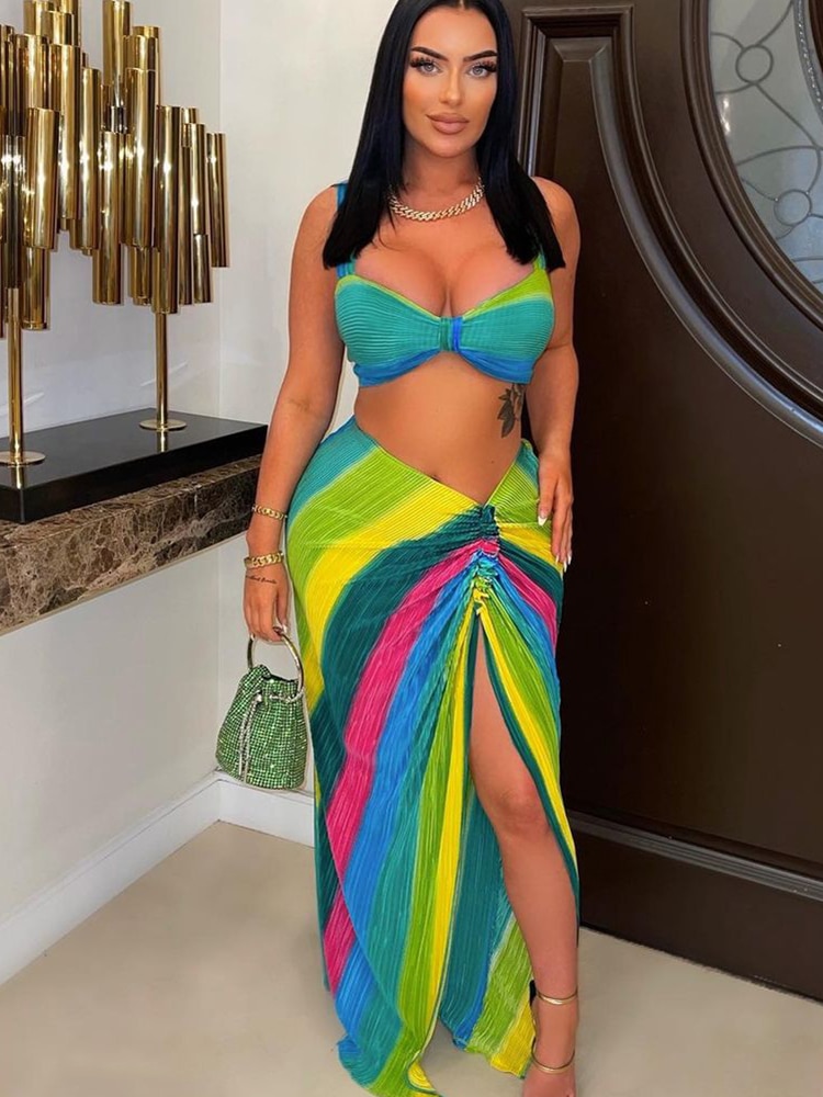 Weird Puss Women 2Piece Set Colorful Print Ruched Bra Tops+Side Split Long Skirt Fashion High Street Rave Party Matching Outfits