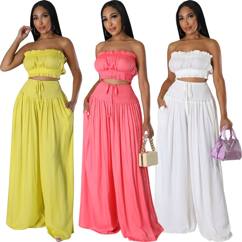 Summer Solid Two Piece Set Women Sexy Ruffles Pleated Strapless Crop Top High Waist Drawstring Wide Leg Pants Fashion Suits