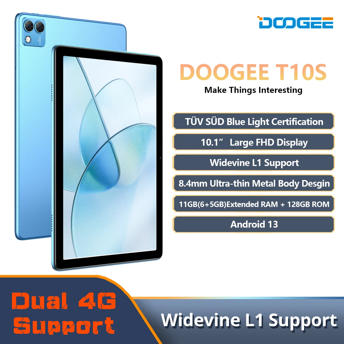 DOOGEE T10S Tablet 10.1" FHD TÜV Rheinland Certified Display Widevine L1 Support 6GB +128GB Android 13 6600mAh