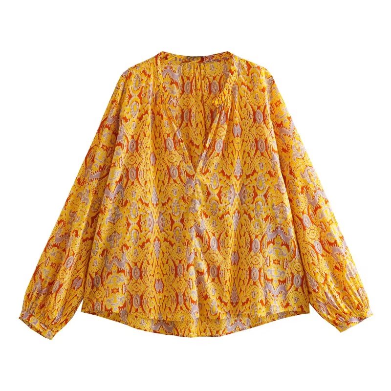Women 2023 New Fashion Spring Yellow V-neck Printing Blouses Vintage Long Sleeve Relaxed Female Shirts Chic Tops