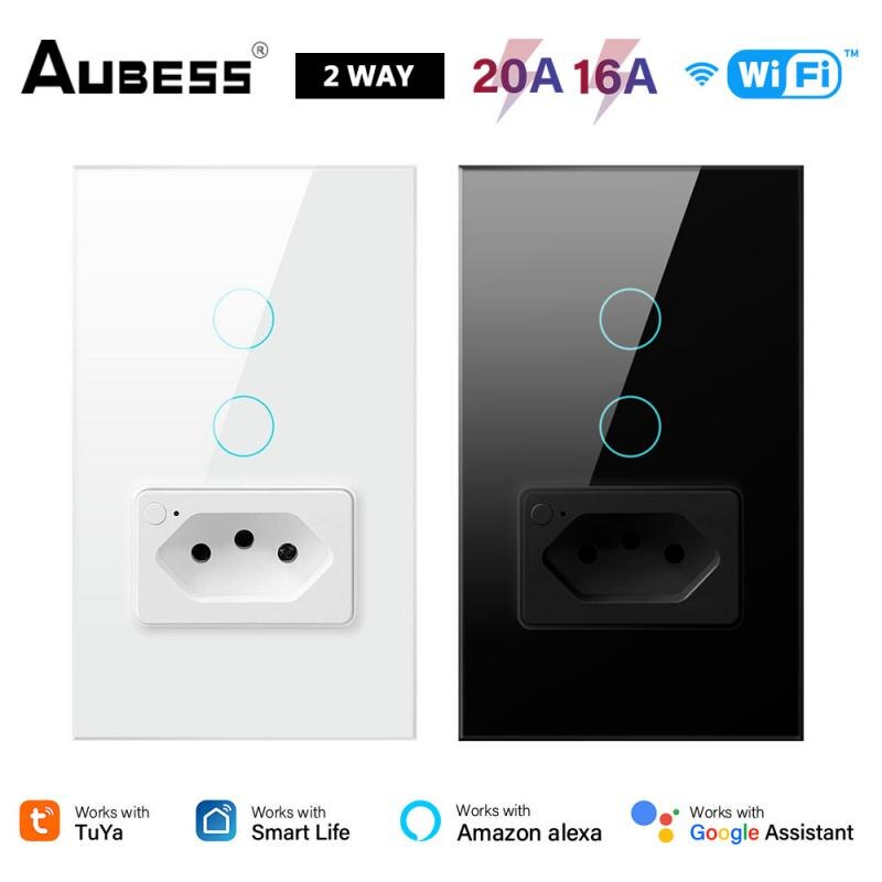 16A/20A Tuya WiFi Smart Light Switch With Socket 2 Way 1/2 Gang Brazil Wall Switch Voice Control Works With Alexa Smart Life