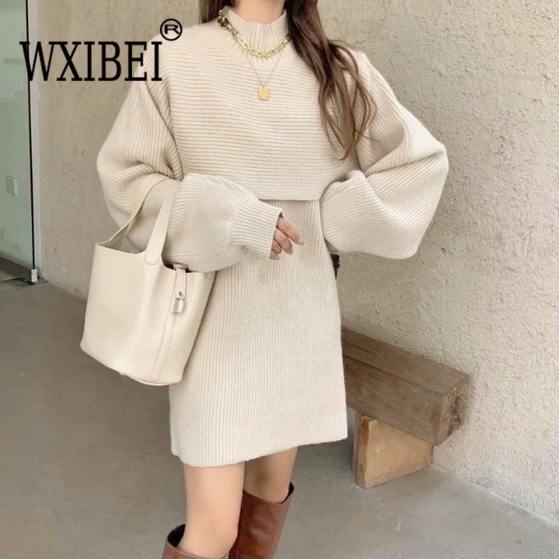 WXIBEI Sweaters 2 Piece Sets Womens Outfits 2023 New Fashion Long Sleeve Turtleneck Pullovers Vintage Knitted Dress Suit FC753