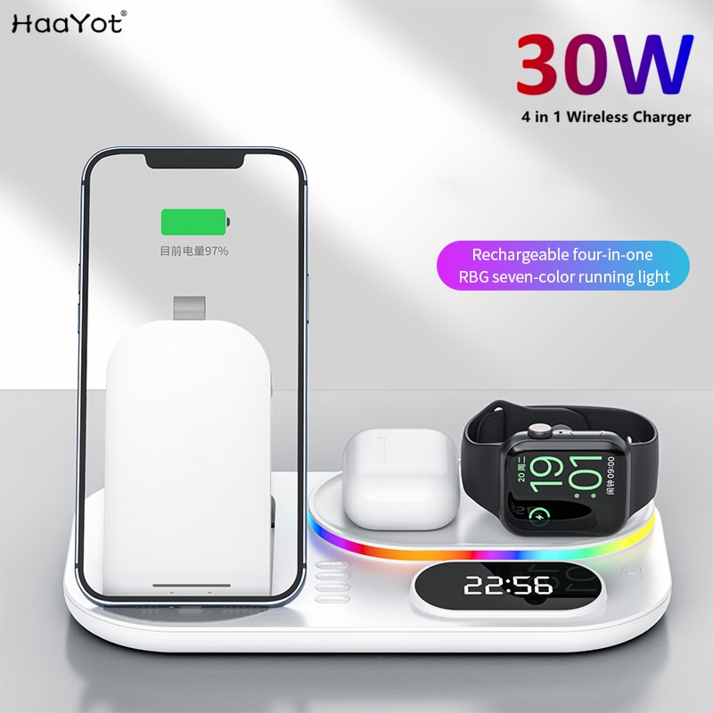 LED 4 in 1 Wireless Charger Dock 30W Fast Charging Station for Apple Airpods iWatch iPhone 12 13 14 15 Xiaomi with Time Display