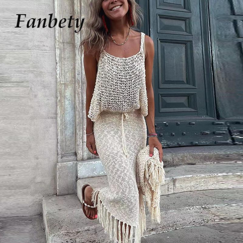 2023 Summer Fashion Bohemia Knitted Hollow Out Top Skirt Two Piece Set Women Sexy Casual Holiday Beach Suit Tassel Skirt Outfits