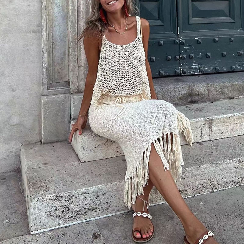 2023 Women Sexy Casual Holiday Beach Suit Tassel Skirt Outfits Summer Fashion Bohemia Knitted Hollow Out Top Skirt Two Piece Set