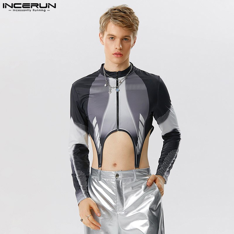 INCERUN 2023 Sexy Homewear New Men Jumpsuits Locomotive Wind Hollowed Tight Rompers Fashion Cropped Long Sleeved Bodysuits S-5XL