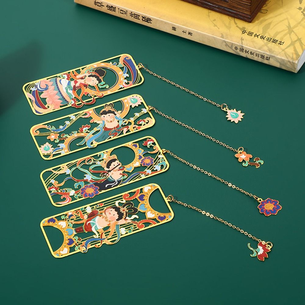 Chinese Style Retro Brass Bookmark Painted Metal Tassel Pendant Book Clip Pagination Mark Student Gift School Office Supplies