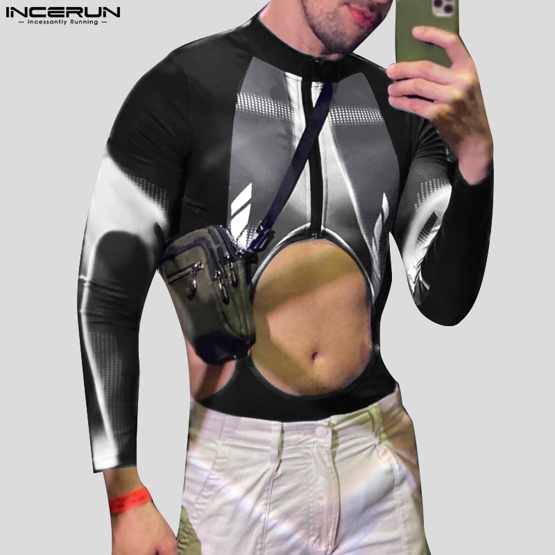 2023 Men Bodysuits Printed O-neck Long Sleeve Zipper Hollow Out Male Rompers T Shirt Fitness Sexy Fashion Bodysuit S-5XL INCERUN