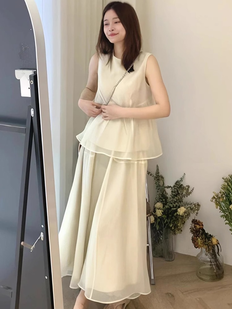 2023 Summer New Solid Color Ruffle Vest Gauze Skirt Two Piece Set Women Elegant Round Vest Long A Line Skirt 2 Pieces Set Female