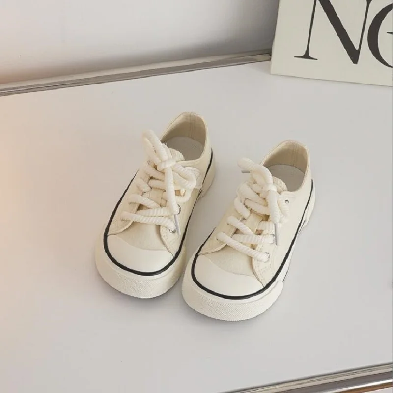 Children's Canvas Shoes Autumn New Boys Girls Retro Fashion Low Top Soft Sole Casual Shoes Black Rubber Pink Beige White 24