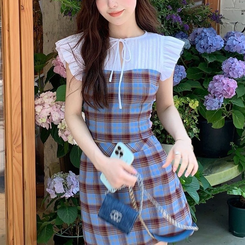 2023 New Summer Trend Sweet Patchwork Lacing Slim O-neck Short Sleeve Two-piece Suit Femme Young Style Sexy Pleated A-line Skirt