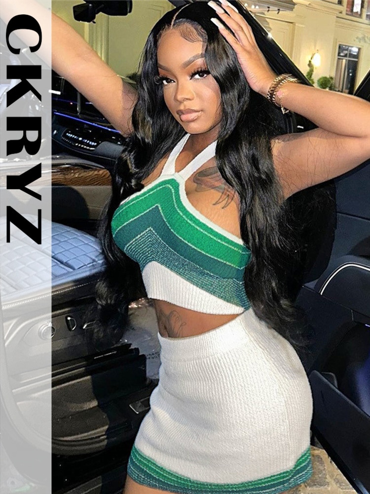 Ladies Summer Knitted Y2K 2 Pieces Sleeveless Backless Halter Sexy Crop Top And Mini Skirt Set Fashion Club Vacation Streetwear