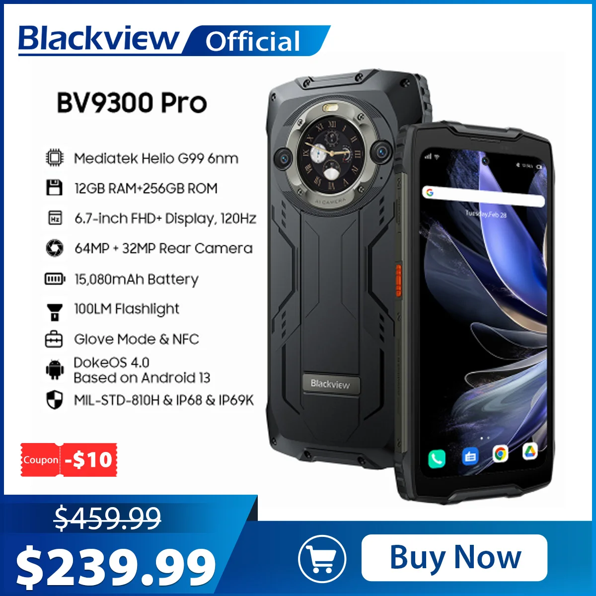 Blackview BV9300 Pro Helio G99 Rugged Phone Android 13 12GB 256GB 6.7" 120Hz Display, 15080mAh With 33W Charge 100LM Flashl