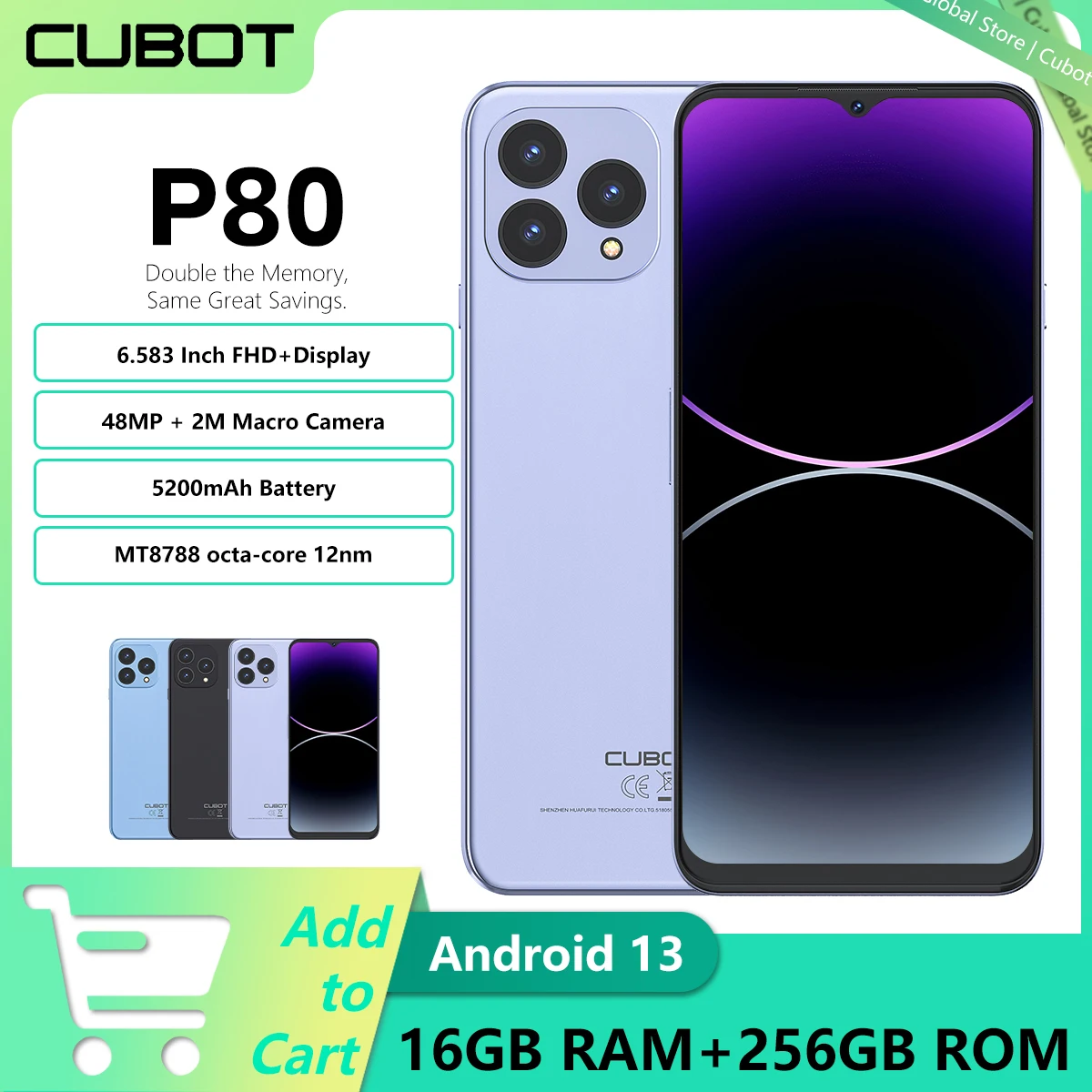 Cubot P80 Global Version Smartphone Android 13 6.583" FHD+ Screen 16GB RAM(8GB+8GB) 256GB ROM 48MP Camera 5200mAh Battery N