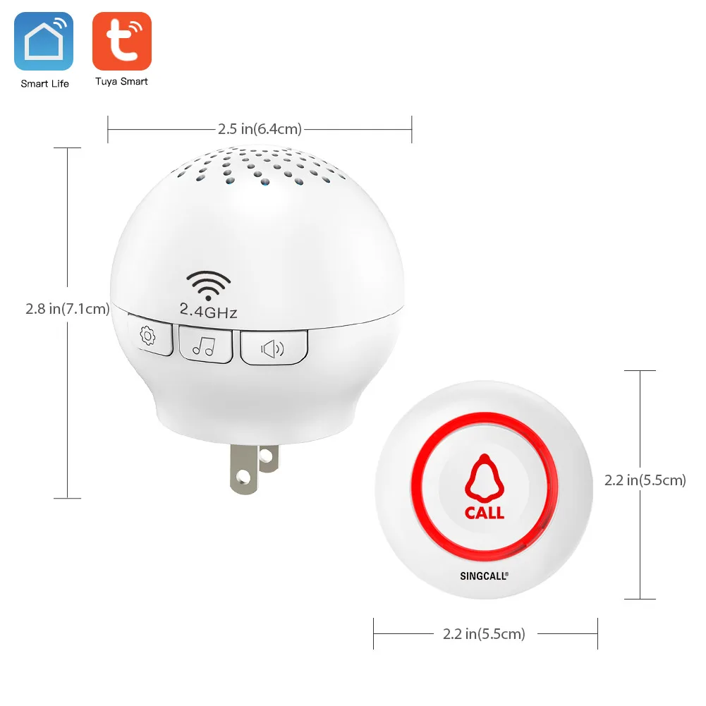 SINGCALL Tuya WiFi Smart Home SOS Emergency Wireless Caregiver Pager System for Old People 3 Transmitters 2 Plugin Receiver